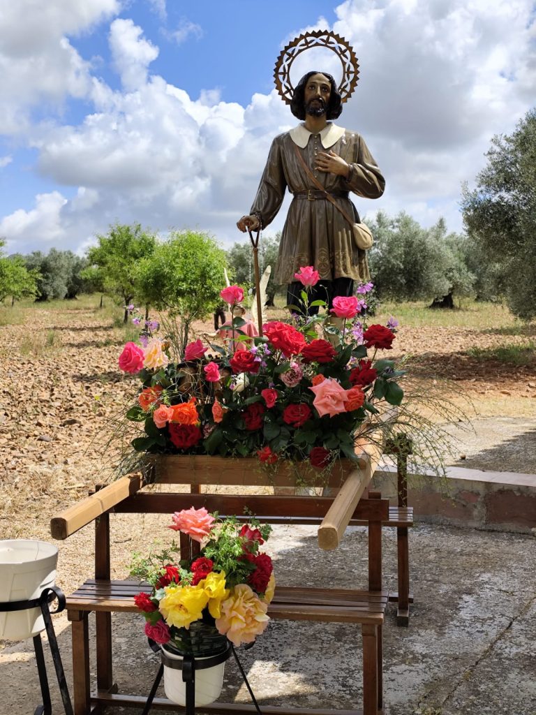 Imagen de San Isidro Labrador en la ermita, rodeado de rosas.